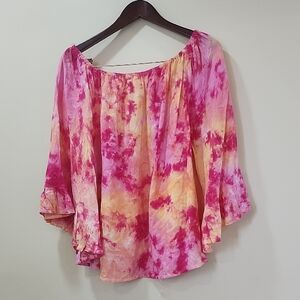 Feathers Pink and Orange Ruffled 3/4 Sleeve Blouse